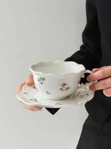 1 Set European Style Rose Ceramic Coffee Cup & Saucer, Asymmetrical Embossed Tea Cup Set, Petal Coffee Cup, Cup And Saucer, Home Breakfast Coffee Cup, Milk Cup, Juice Cup, Suitable For Afternoon Tea, Home, Elegant Latte Cup And Dessert Plate - Multicolor - View 3