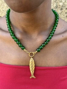 不锈钢鱼形吊坠项链，蓝绿色串珠度假风格项链 - 串珠項鍊 - 查看 3