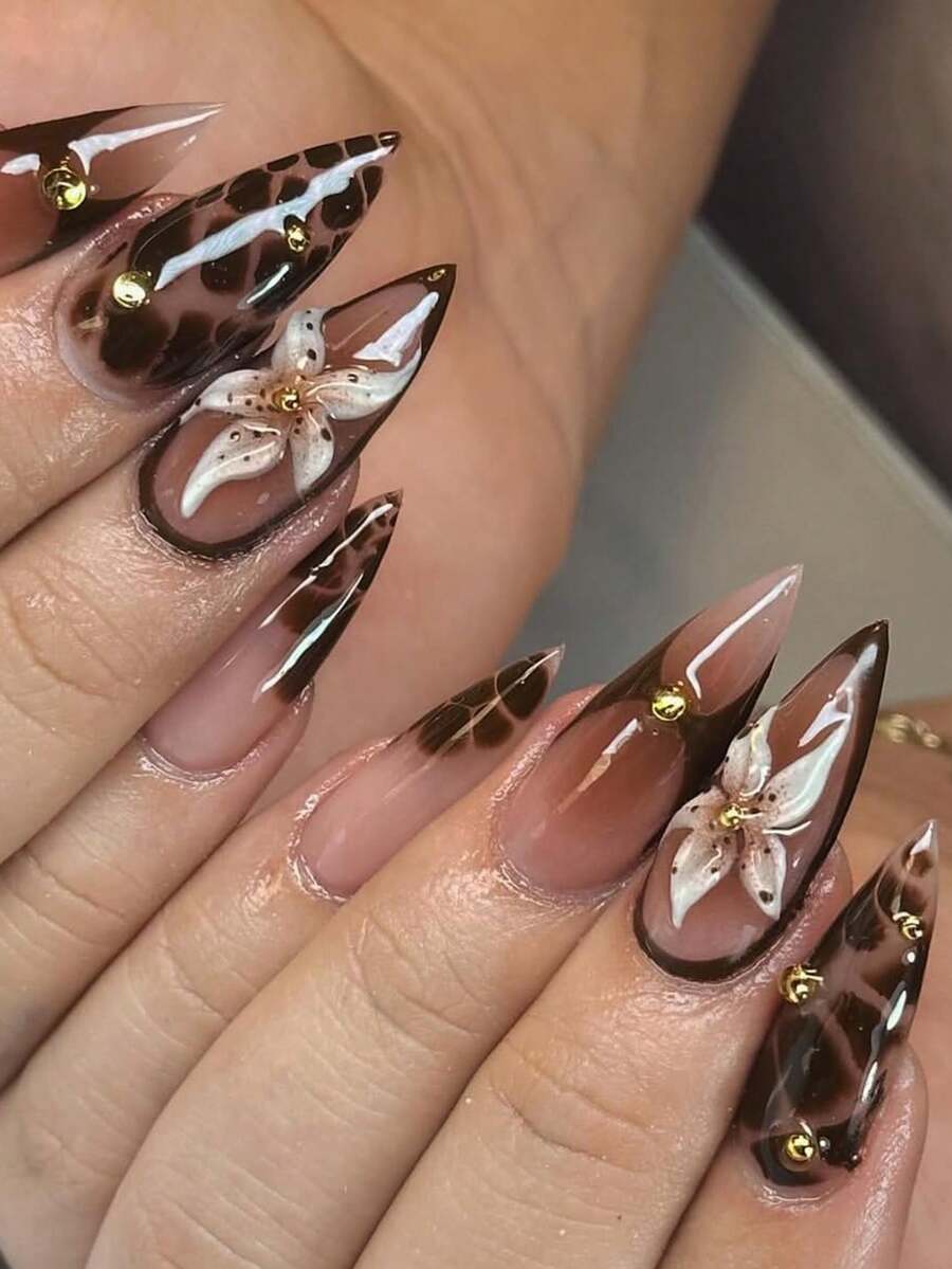 Nghệ thuật vẽ móng 3D thủ công, Nghệ thuật vẽ móng Aura, Nghệ thuật vẽ móng mùa thu, Nghệ thuật vẽ móng hoa 3D, Nghệ thuật vẽ móng màu nâu cà phê ấm áp mùa thu/đông, Móng giả nhọn, Móng nhân tạo, Phù hợp cho bé gái và phụ nữ, Dụng cụ làm móng, Móng giả thủ công.