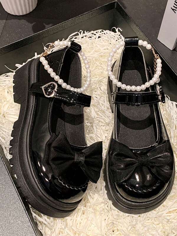 1 Pair Lolita Style Shoes With Bow Decor On Toe & Pearl Chain On Shoe Loop, Sweet & Cute French Mary Jane Small Leather Shoes, Versatile For Teenagers & Students