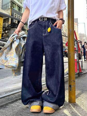 1 件大码男士休闲宽腿宽松牛仔裤（产品不包括腰带和配饰）