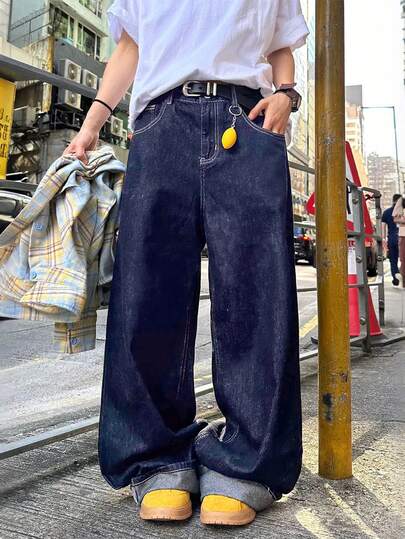 1pc Plus Size Men's Casual Wide Leg Jeans, Loose And Versatile Denim Pants (Belt And Accessories Not Included)