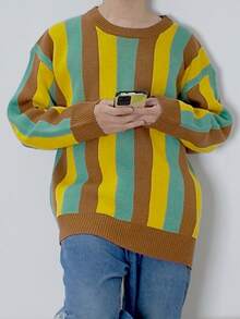 Plus Size Men's Casual Soft & Comfortable Striped Crew Neck Long Sleeve Knit Sweater, Autumn/Winter