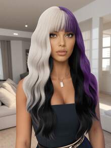 角色扮演金发紫色 26 英寸长卷发，带刘海亮点黑色假发，合成耐热纤维假发，易于护理，水波造型，适合女性日常穿着，街头休闲万圣节假发，圣诞音乐节假发，服装假发，返校派对 - 彩色 - 查看 4