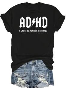 Camiseta con estampado de TDAH, unisex, de verano, casual, transpirable, de personalidad, cuello redondo, manga corta, ropa de calle, versátil, adecuada para adolescentes y adultos - Negro - Ver 1