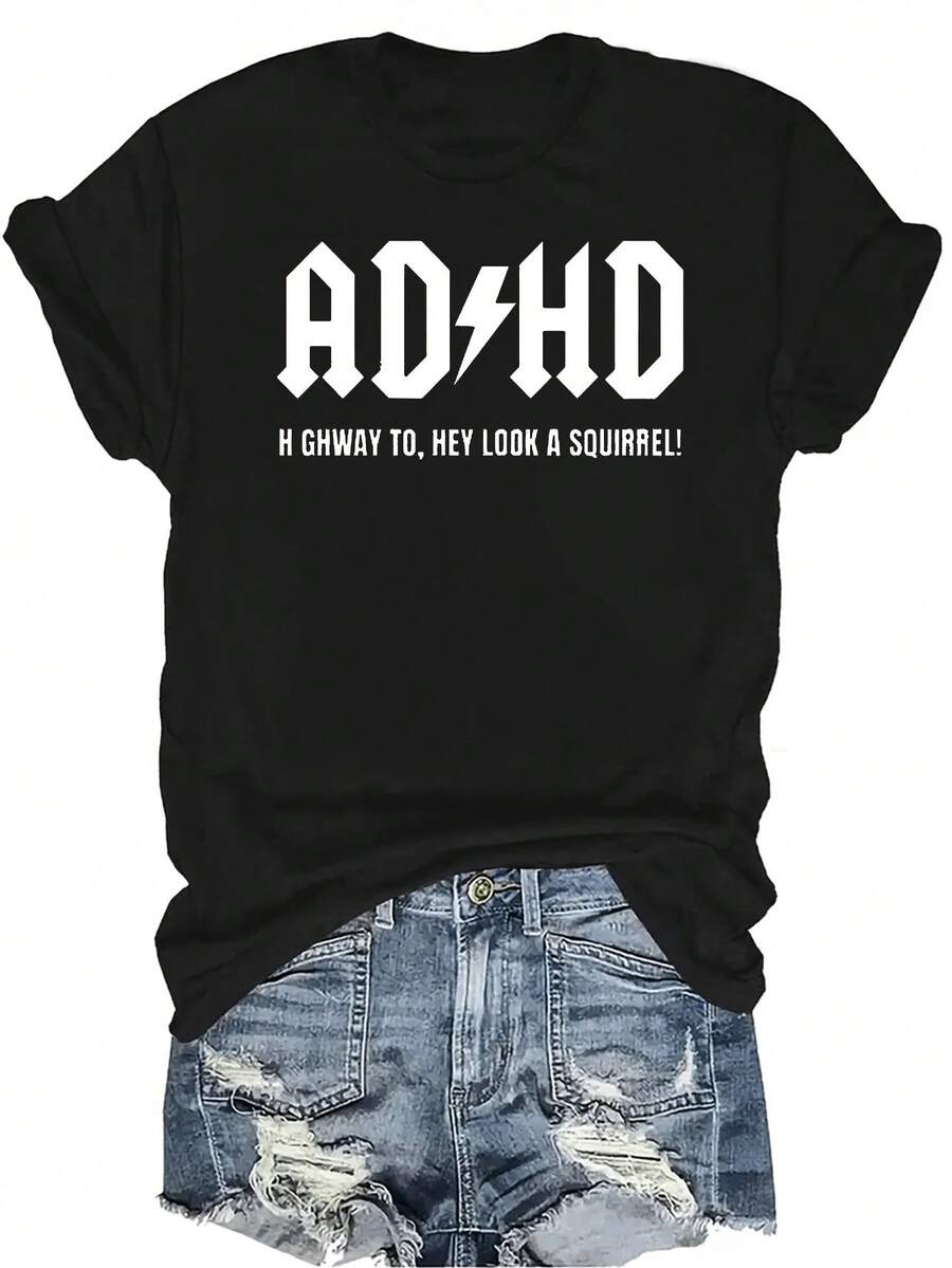 Camiseta con estampado de TDAH, unisex, de verano, casual, transpirable, de personalidad, cuello redondo, manga corta, ropa de calle, versátil, adecuada para adolescentes y adultos - Negro - Ver 1