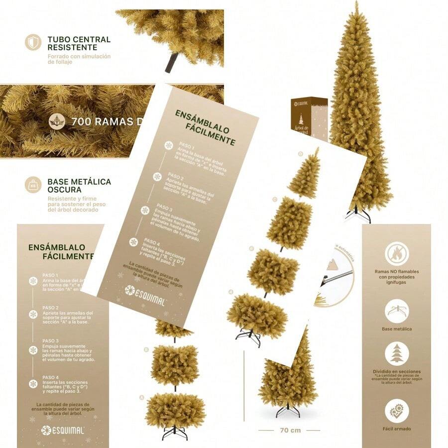 ESQUIMAL Pino Canadiense Tipo Lapiz Árbol de Navidad Delgado Facil de Armar Dorado Mate 180 cm - Doradomate - Ver 1