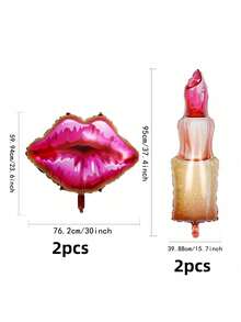 4 件巨型红色唇膏唇气球套装 2 件唇膏 2 件唇膏气球单身派对用品化妆气球生日新娘送礼会女孩水疗派对用品可爱唇膏和唇膏气球，圣诞节 - 粉色 - 查看 4