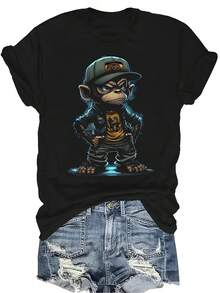 Camiseta con estampado de mono de dibujos animados, unisex, de verano, casual, transpirable, de cuello redondo, de manga corta, ropa de calle, versátil, adecuada para adolescentes y adultos - Negro - Ver 1