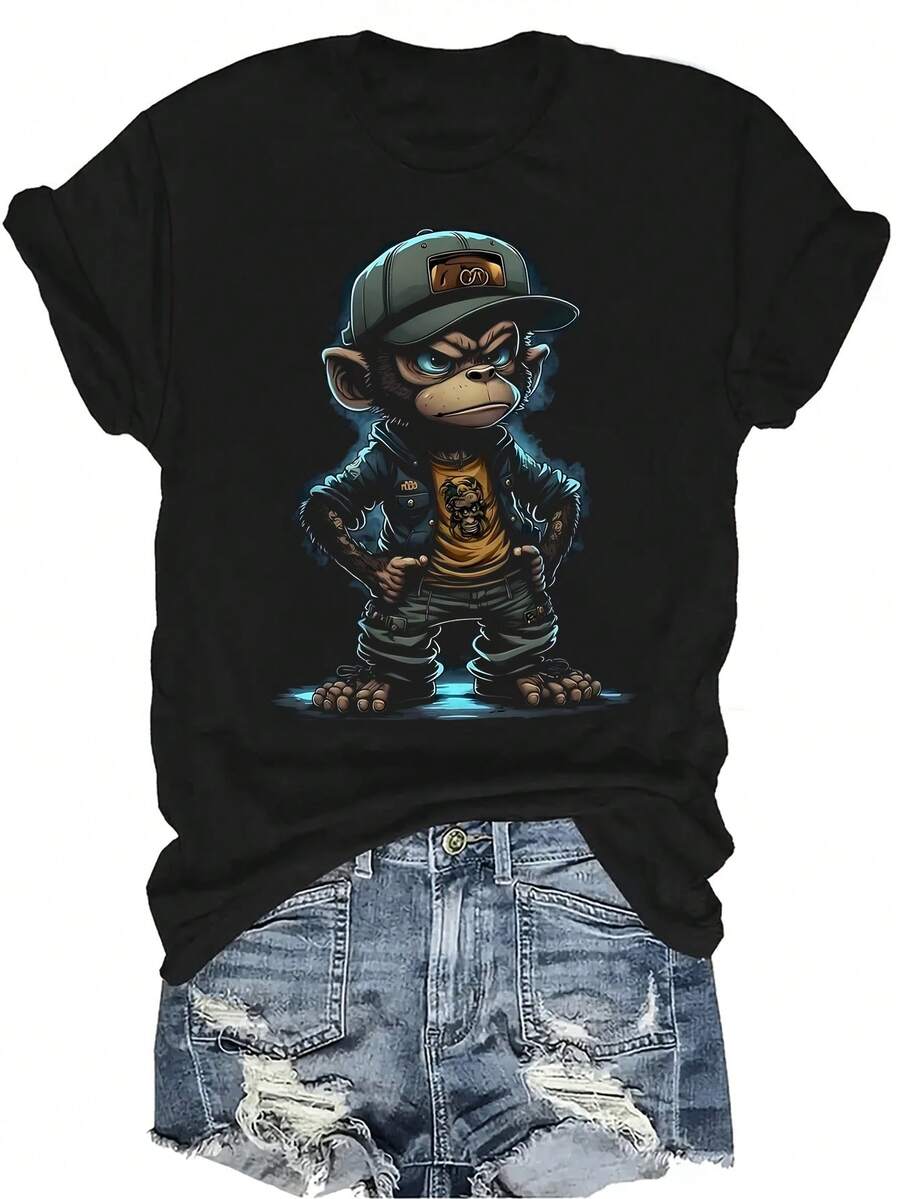 Camiseta con estampado de mono de dibujos animados, unisex, de verano, casual, transpirable, de cuello redondo, de manga corta, ropa de calle, versátil, adecuada para adolescentes y adultos - Negro - Ver 1