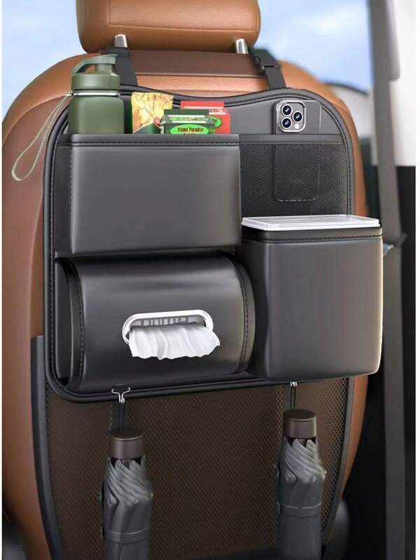 1 pieza Organizador de asiento trasero de coche con bolsa, portavasos, papelera impermeable y accesorios de limpieza interior del coche