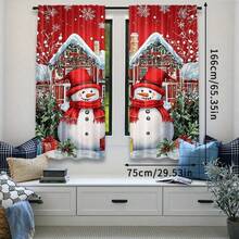 2PCS Christmas Curtains, Red Snowman And Winter Hut Pattern Curtains -100% Polyester Fiber Rod Bag Curtains, Suitable For Living Room And Bedroom, Machine Washable, Holiday Home Decoration, Durable Polyester Material, Happy Holiday Atmosphere