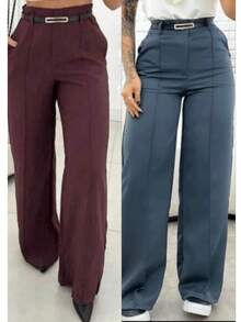 Kit Of 2 Women's Tailored Wide Leg Pants With Belt, Winter/Summer  2026 - 酒紅色/灰色 - 查看 1