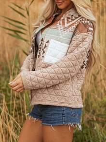 Astylish 女式绗缝拼布西部几何印花休闲夹克，前拉链按扣长袖外套，带口袋，秋冬时尚 - 彩色 - 查看 3