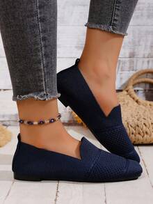 女士针织平底乐福鞋，舒适方头一脚蹬鞋，透气休闲妈妈鞋，春秋季 - 深藍色 - 查看 3