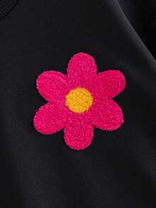 2pcs Young Girl Casual Floral Print Long Sleeve Crew Neck Black Sweatshirt And Khaki Straight Leg Pants Set, Suitable For Daily, School, Outdoor, Commuting, Sports