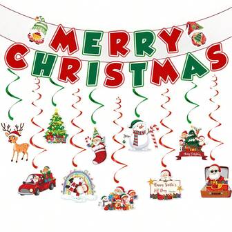 Festive Christmas Hanging Swirls Decoration Set - Vibrant Santa, Snowman, Reindeer & Gingerbread Designs With "Merry Christmas" Accents, No Power Required, Plastic/Paper, Featherless - Ideal For Holiday Party Ceiling Decor, Christmas Decorations