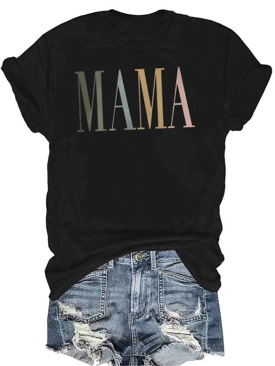 Camiseta MAMA Unisex de verano, casual, transpirable, de cuello redondo, de manga corta, ropa de calle, versátil, adecuada para adolescentes y adultos - Negro - Ver 1