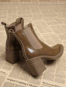 2025秋季新款高品质热销撞色优雅切尔西靴，秋季踝靴，女士秋季靴，粗跟 - 卡其色 - 查看 5