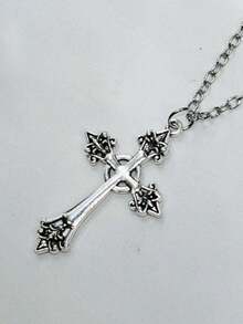 Vintage Gothic Rose Flower Cross Necklace, Personalized Korean Style Cool Silver Cross Carved Flower Necklace, Sweater Chain For Women - Silver - View 2