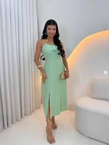 Simple Dress Fabric Contrast Bow Garden Dress Spring/Summer - Aqua Green - View 1