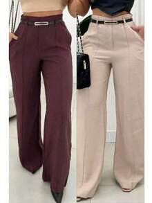 Kit Of 2 Women's Tailored Wide Leg Pants With Belt, Winter/Summer  2026 - 米色/酒紅色 - 查看 1