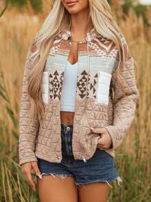 Astylish 女式绗缝拼布西部几何印花休闲夹克，前拉链按扣长袖外套，带口袋，秋冬时尚 - 彩色 - 查看 1