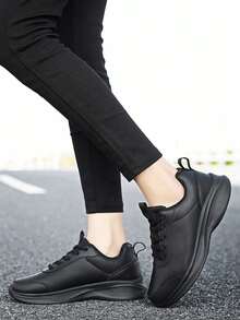 Women's Breathable Black Chunky Sneakers, Lightweight Leather-Surfaced Running Shoes, Multifunctional Comfortable Platform Shoes, Fashionable Solid Color Synthetic Leather Non-Slip Low-Top Casual Shoes, Suitable For All Seasons, Size 35-45 - Black - View 7