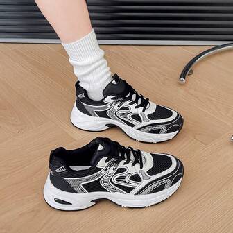 新款女士休闲运动鞋厚底运动鞋女鞋白色鞋情侣款圆头系带网面皮革透气百搭印花涂鸦学院风户外徒步休闲通勤鞋