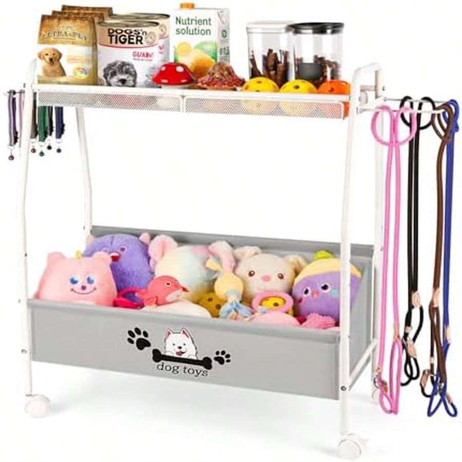 Liitrton Large Dog Toy Basket, Mobile Dog Toy Bin With Dog Organizer Storage Rack, 2-Tier Dog Toy Box For Living Room Area Holder Storage Dog Cat Accessories, Pet Leashes, Food & Clothes - 白色 - 查看 1
