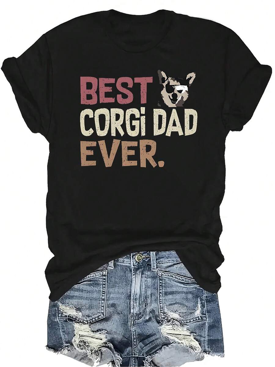Mejor camiseta de papá Corgi, unisex, de verano, casual, transpirable, con personalidad, cuello redondo, manga corta, ropa de calle, versátil, adecuada para adolescentes y adultos - Negro - Ver 1