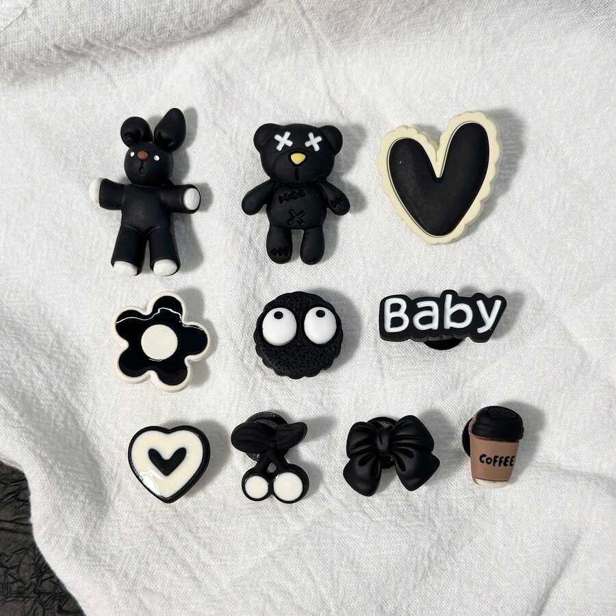 10 Stücke/Set 3D schwarzer Hase und Bär DIY Accessoires, Tier-Thema, aus ABS Material, süße Schuh Dekorationen, Party Geburtstags Geschenke.