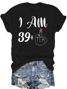 Camiseta unisex de manga corta, cuello redondo, casual, transpirable y de personalidad "Tengo 39 + Dedo medio", adecuada para adolescentes y adultos - Negro - Ver 1