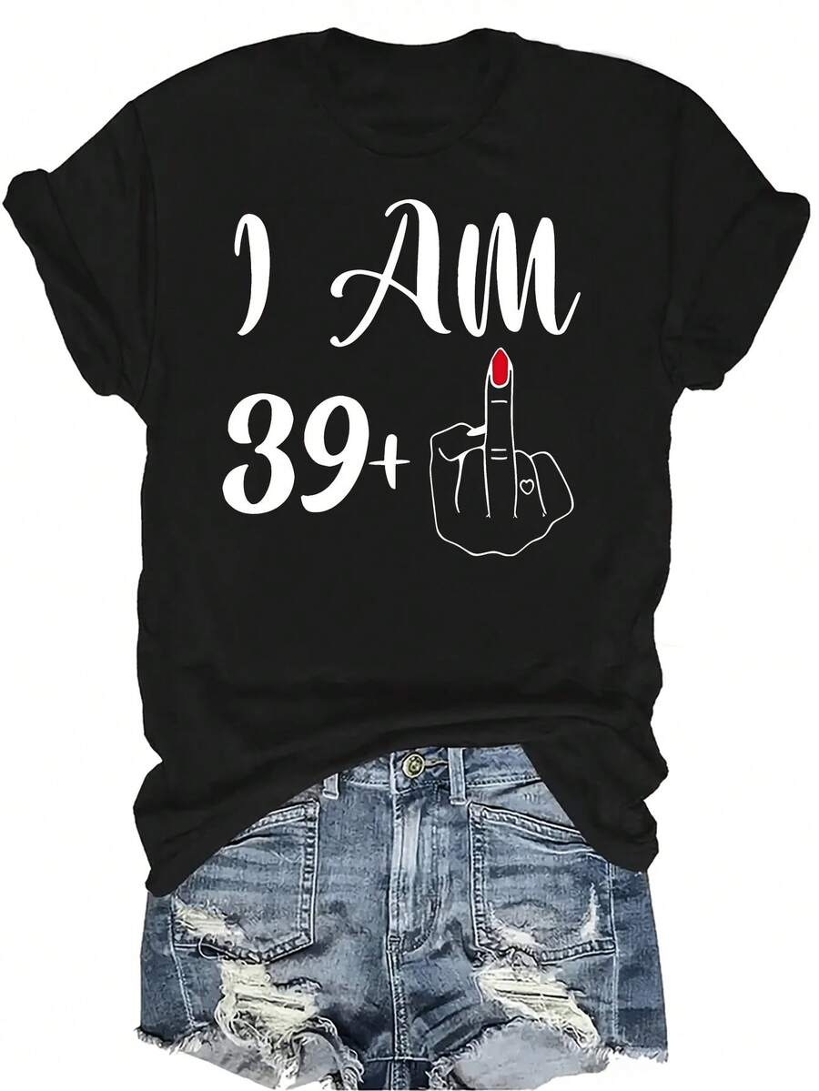 Camiseta unisex de manga corta, cuello redondo, casual, transpirable y de personalidad "Tengo 39 + Dedo medio", adecuada para adolescentes y adultos - Negro - Ver 1