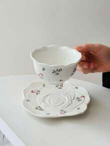 1 Set European Style Rose Ceramic Coffee Cup & Saucer, Asymmetrical Embossed Tea Cup Set, Petal Coffee Cup, Cup And Saucer, Home Breakfast Coffee Cup, Milk Cup, Juice Cup, Suitable For Afternoon Tea, Home, Elegant Latte Cup And Dessert Plate - Multicolor - View 8