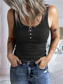 Imily Bela Women Henley Tank Tops Scoop Neck Ribbed Tops Summer Sleeveless Shirts Slim Fit Cami Knit Tees - 黑色 - 查看 1