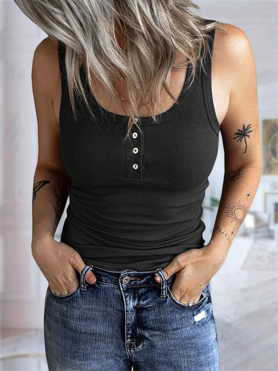 Imily Bela Women Henley Tank Tops Scoop Neck Ribbed Tops Summer Sleeveless Shirts Slim Fit Cami Knit Tees - 黑色 - 查看 1