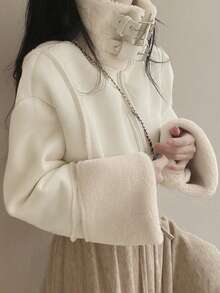 百搭复古仿羊羔绒和麂皮长袖外套，冬季 - 杏色 - 查看 5