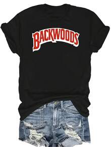 Camiseta con estampado de letra BackWoods, unisex, de verano, casual, transpirable, con cuello redondo, manga corta, estilo urbano, versátil, adecuada para adolescentes y adultos - Negro - Ver 1