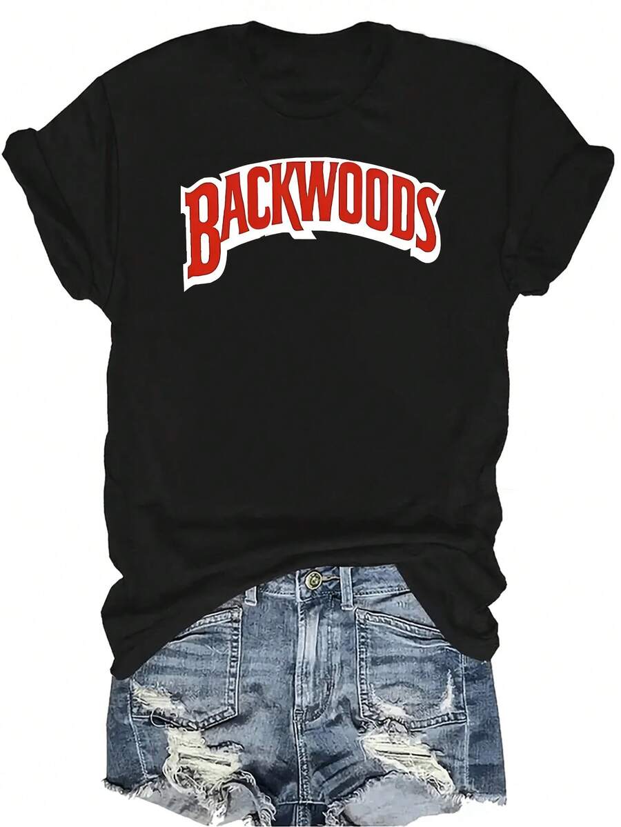 Camiseta con estampado de letra BackWoods, unisex, de verano, casual, transpirable, con cuello redondo, manga corta, estilo urbano, versátil, adecuada para adolescentes y adultos - Negro - Ver 1