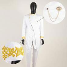 Men`S Suit Double Breasted Slim Fit Embroidery Chain Blazer And Pants Set Dashiki Outfits African Clotheshalloween - 黑色 - 查看 7
