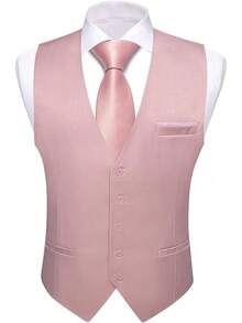 Slim Fit Men's Suit Vest: V-Neck Formal Waistcoat (Striped/Solid) - Perfect For Casual & Wedding Party Tuxedo Styling - 淡粉紅色 - 查看 2
