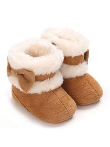 Infant Shoes 0-1 Years Old Infant Girls Cute Plush Bow Warm Winter Shoes Cartoon Soft Bottom Comfortable Toddler Shoes, Winter - Brown - View 1