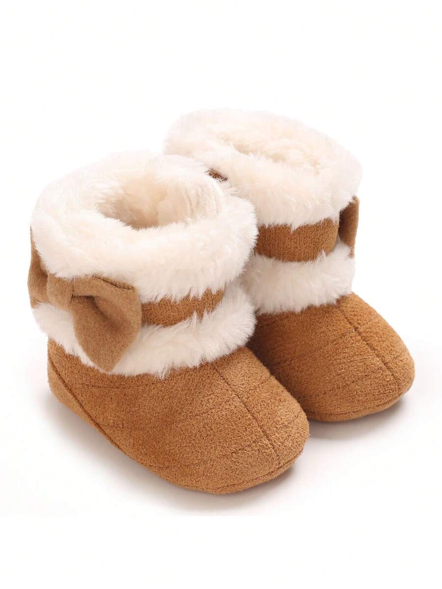 Infant Shoes 0-1 Years Old Infant Girls Cute Plush Bow Warm Winter Shoes Cartoon Soft Bottom Comfortable Toddler Shoes, Winter - Brown - View 1