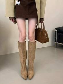 Fall/Winter Women's Black Thigh High Boots, Fashion European Style Knee High Boots, Simple Design Versatile Pants Boots With Thick Pointed Toe Low Heel,Kitten Heels - Brown - View 5