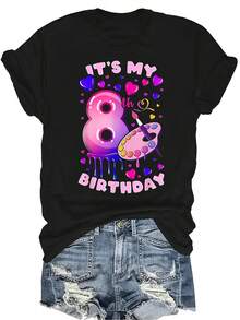 Camiseta para el 8º cumpleaños, niña de 8 años, unisex, de verano, casual, transpirable, de personalidad, cuello redondo, manga corta, ropa de calle, versátil, adecuada para adolescentes y adultos - Negro - Ver 1