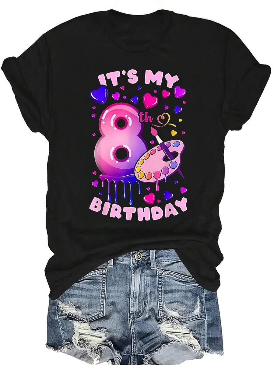 Camiseta para el 8º cumpleaños, niña de 8 años, unisex, de verano, casual, transpirable, de personalidad, cuello redondo, manga corta, ropa de calle, versátil, adecuada para adolescentes y adultos - Negro - Ver 1