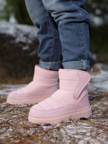 1 双女童天鹅绒保暖钩环易穿脱中筒雪地靴，适合秋冬外出 - 粉色 - 查看 3