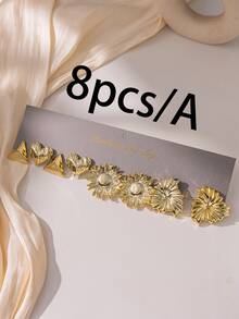 Vintage Thick Gold Tone Earring Set (2-40pcs) - Big Triangle/Heart + Thin Large Sunflower/Leaf + Small Bow/Flower, Suitable For Daily Wear, Autumn/Winter, Party - Gold - View 3