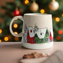 1pc 350ml/11.84oz Ceramic Christmas Tree House Themed Mug, Creative Minimalist Snowflake Tree House Coffee Cup, Suitable For Christmas Holidays, Office Gatherings, Cute Christmas Gift